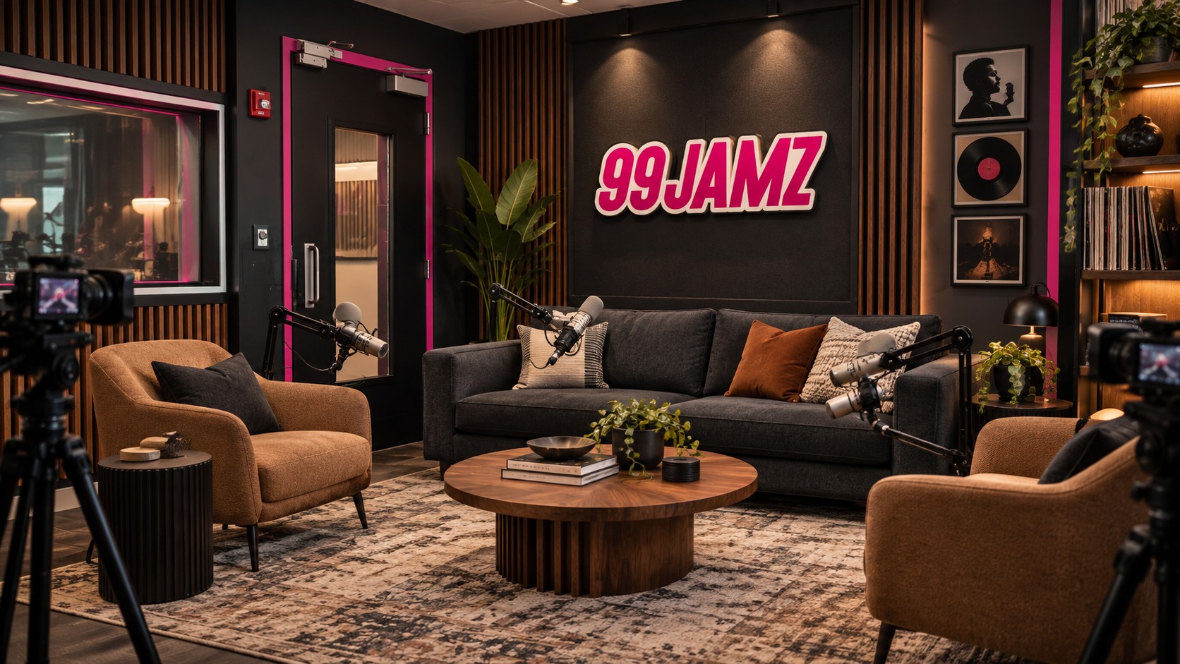 Alternative 99JAMZ living room studio concept with coordinated contemporary music styling, lounge seating and integrated microphones