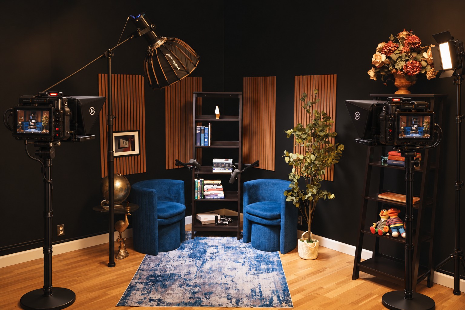 XYZ Studios blue chair interview set with cameras and soft lighting shown in an enhanced equipment visualization